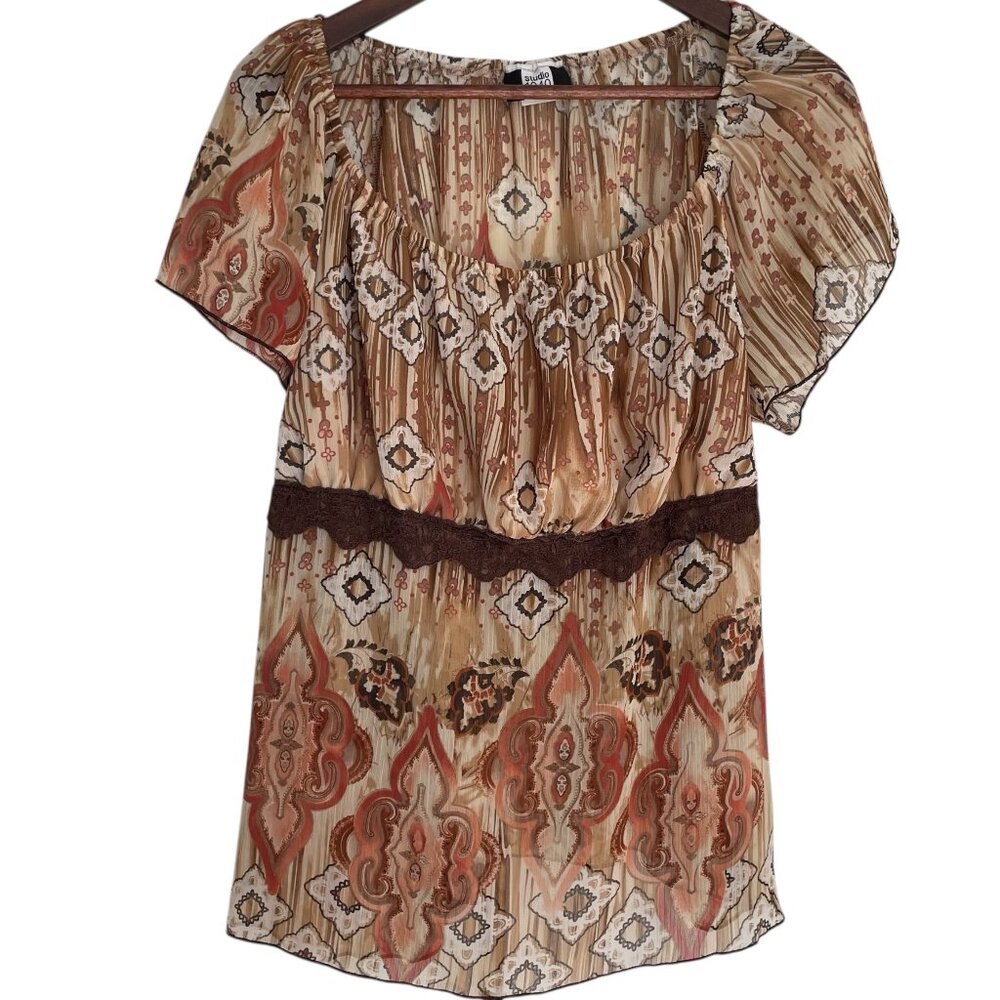 Vintage Y2K Babydoll Top 18/20 / 2X Sheer Mesh Earth Tones Fairy Core Shirt